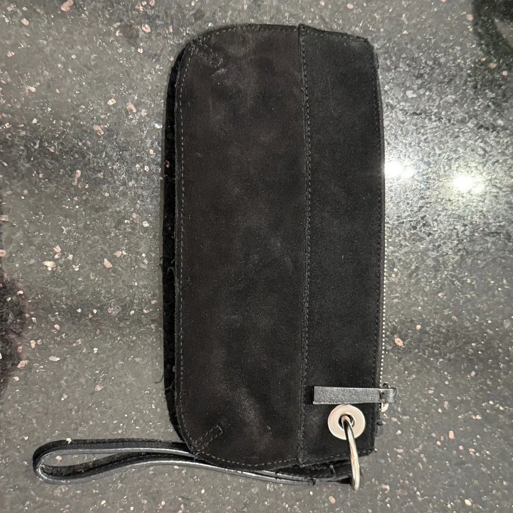 Black‎ Suede Leather Wristlet Clutch Bag Purse Buckle Detail Zip Top Moto Style
